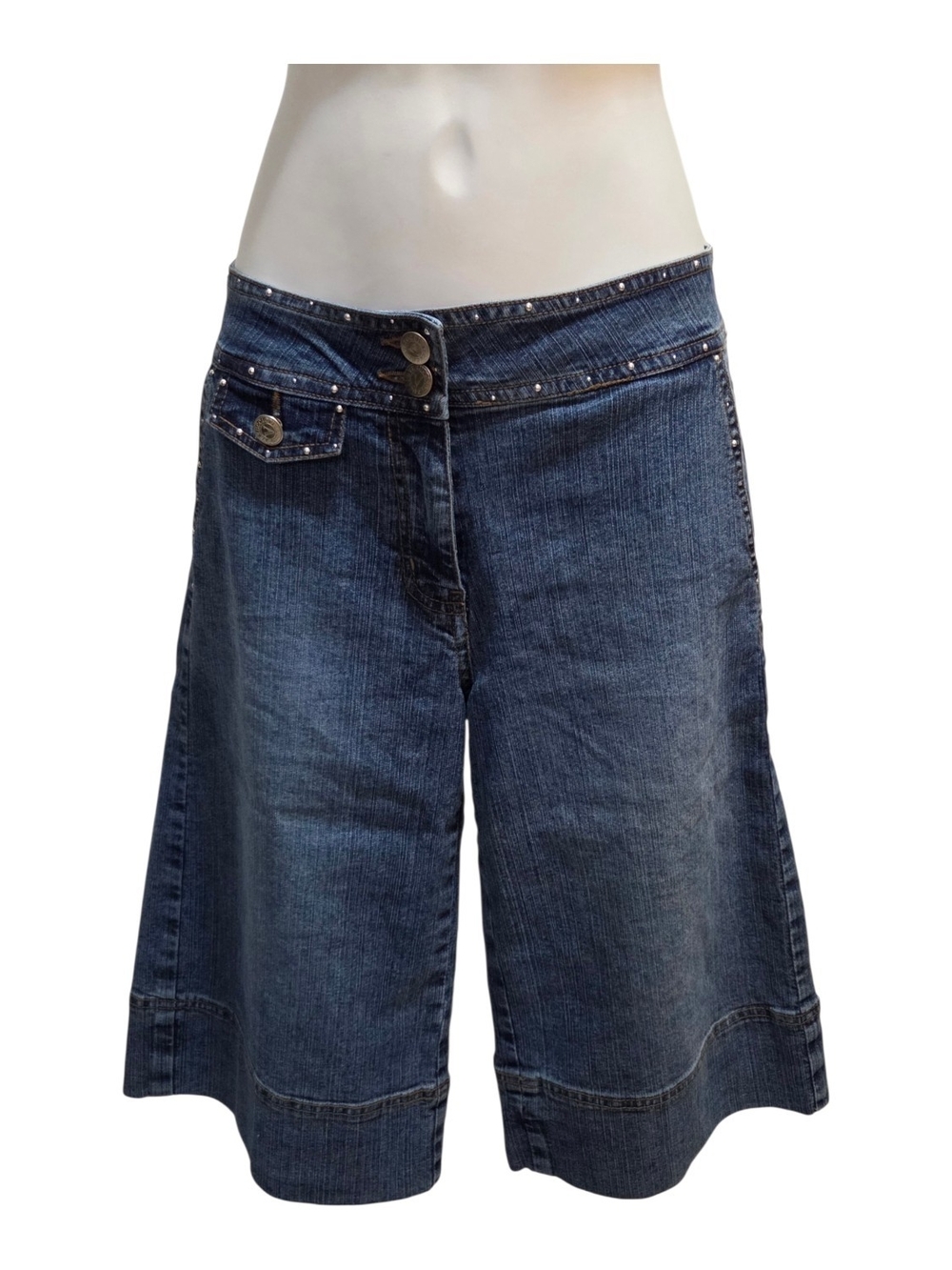 Vezucci Dark Blue Denim Bermuda Shorts with Stud Detail